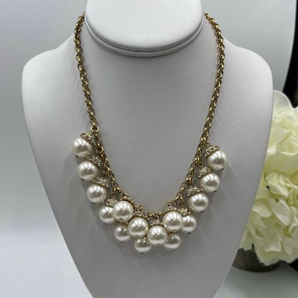 J. Crew Gold-Tone Faux Pearl Rhinestone Dangle Cluster Statement‎ Necklace - Picture 2 of 11
